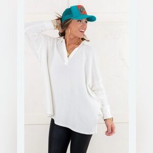 We the free Travis polo White Waffle Knit Top size XS oversized